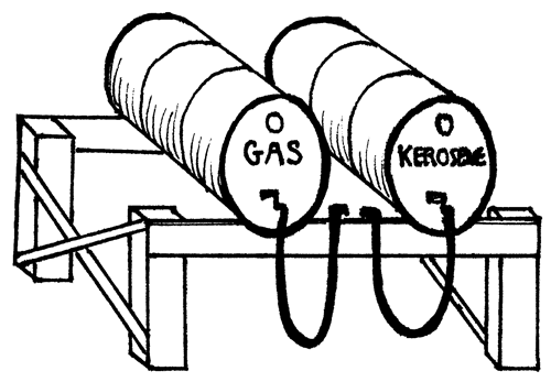A horizontal drum storage system. Front and rear 2x6s are notched to hold drums and are bolted to 4x4 posts. Braces are 2x4s. This would be nice to have under a lean-to beside the tractor shed.
